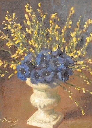 Alfred Egerton Cooper (1883-1974), Still life study of flowers in an urn-style vase, monogrammed lower left, oil on a Windsor & Newton 'Rathbone' canvas board, 33cm x 24cm